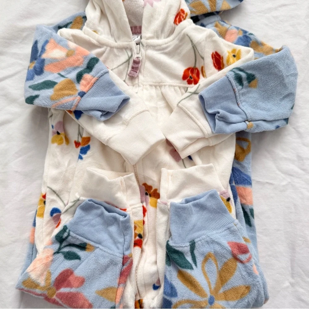 Carters Bundle | 2 Infant Girls Fleece Zip Hooded Jumpsuit | 3 months | Floral